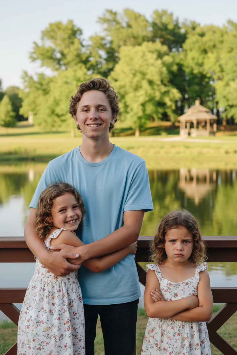 Ryder Mann hugging one smiling twin girl while her unimpressed twin stands nearby with arms crossed